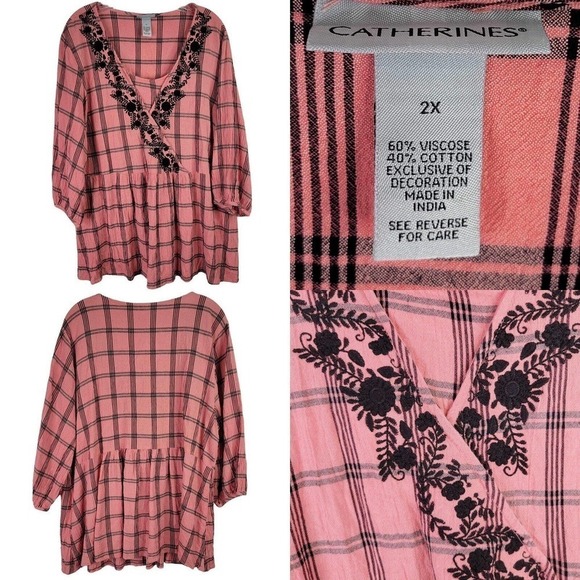 Catherines Tunic Faux Wrap Women’s Plus Size 2X 22/24 Pink Plaid Embroidered - Picture 1 of 9